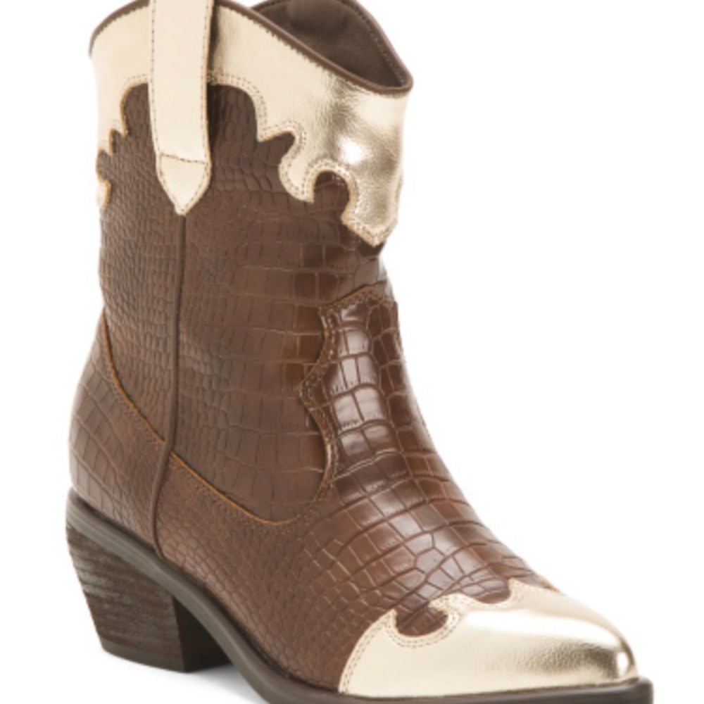 MIA Western Brown Gold Croc
Embossed Pointed Toe 2" Pull-on Ankle Boots 7.5 M